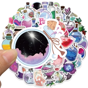Close-up of waterproof cartoon magic potion stickers with vibrant colors and diverse shapes