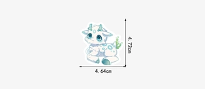 Detailed view of mythical creature sticker showing 4.72cm by 4.64cm size dimensions