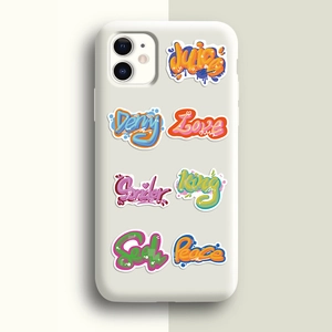 Detailed view of colorful graffiti stickers on a matte white phone case with street art design