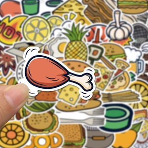 Close-up of waterproof cartoon food stickers featuring a fried chicken leg and snacks