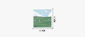 Detailed view of square 4.9cm oil painting art sticker featuring sheep and meadow