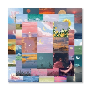 Close-up of impressionist oil painting stickers featuring sunsets, moons and landscapes