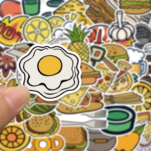 Close-up of waterproof cartoon food stickers featuring egg and burger patterns
