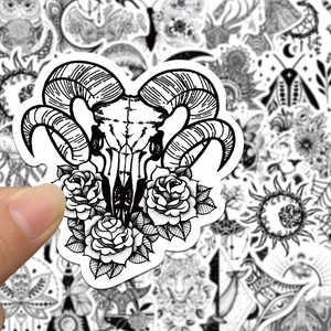 Black and white gothic skull stickers with ram head and roses for laptop and luggage