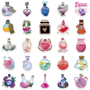 Collection of 25 cartoon magic potion stickers with colorful bottles and fantasy designs