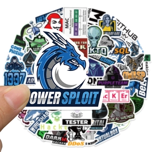 Close-up of waterproof hacker stickers for laptops featuring GitHub and IT tool logos