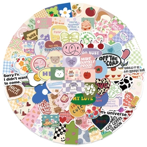 Ins Style Cartoon Waterproof PVC Stickers Floral Bear Checkerboard Decorative Stickers For Scrapbooking DIY Journaling Stationery