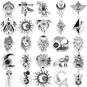 50 pieces of black and white gothic stickers with mystical sun and moon art for laptops
