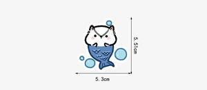 Detailed dimension view of a cute waterproof cat mermaid sticker measuring 5.51x5.3cm