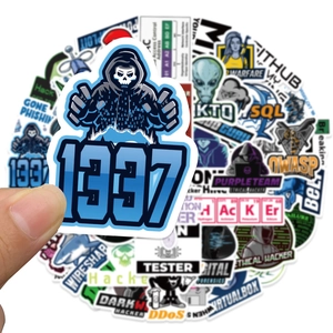 Close-up of waterproof hacker stickers featuring GitHub and cybersecurity logos for laptops