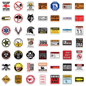 Set of 42 waterproof PVC hard hat stickers with industrial warning and humor slogans