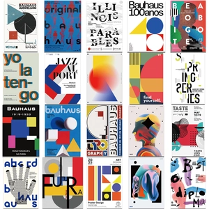 Detailed grid view of 20 Bauhaus style abstract geometric art stickers in various patterns