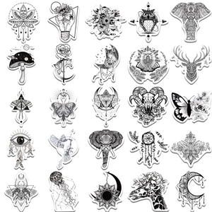Pack of 50 Gothic black and white stickers featuring mandala, animal motifs, and nature art
