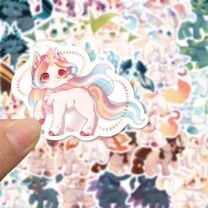 Detailed view of 40 cute cartoon stickers featuring colorful unicorn and fantasy creatures