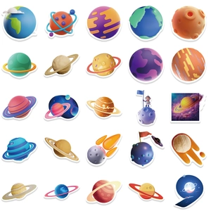 Set of 50 cartoon space stickers featuring planets and astronauts for laptops and luggage