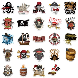 Detail showing 24 unique waterproof pirate stickers with skull and treasure hunt designs