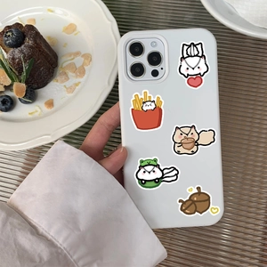 White iPhone Pro case featuring cute original cartoon squirrels with acorn patterns