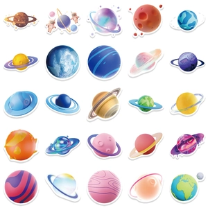 Detailed grid view of 25 unique 3D cartoon planet and space astronaut stickers set