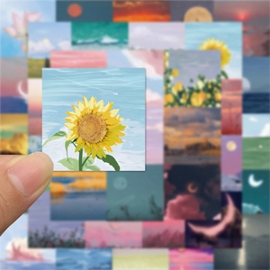 Macro shot of a square oil painting sticker with a sunflower and artistic blue sky design