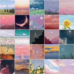 Close-up of 25 square oil painting stickers featuring vibrant sunset landscapes and flowers