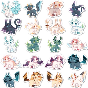 Set of 40 original fantasy creature stickers with cartoon monsters and flying unicorns