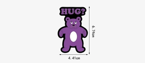 Detail view of purple cartoon bear sticker with HUG text and dimensions 6.74cm by 4.41cm