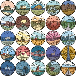 Lot de 50 autocollants des états américains avec monuments vintage pour bagages et gourdes