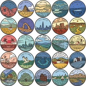 Grille 5x5 de 25 autocollants ronds rétro d'états américains avec paysages et skylines