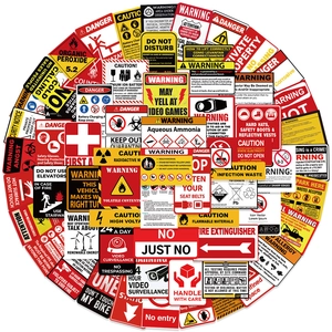 75pcs Warning and Danger PVC stickers for luggage and phones in a vibrant collage set