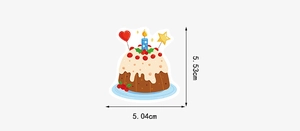 Detailed dimension view of cute cartoon cake sticker with heart and star decorations