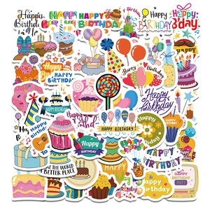 Detailed view of birthday stickers with colorful cakes, balloons, and festive party patterns