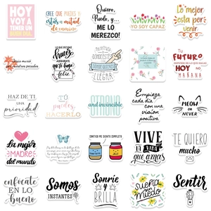 Set of 50 Spanish inspirational stickers with cute floral and butterfly motifs for laptops