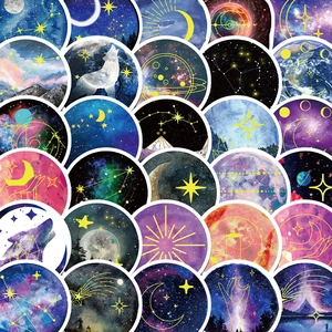 Detailed view of waterproof PVC astronomy stickers featuring moons and constellations