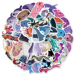 Detailed pile of cartoon marine stickers featuring sharks, whales and sea turtles
