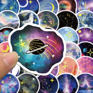 Close-up detail of waterproof starry sky moon stickers with dreamy galaxy motifs