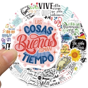 50 Spanish motivational stickers set for laptops and luggage with colorful floral designs