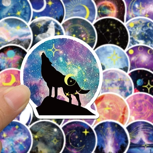Set of 50 waterproof starry sky and moonlight stickers featuring galaxy and animal silhouettes