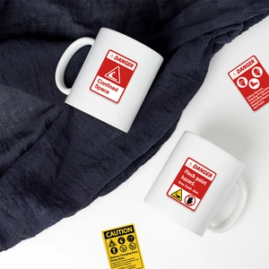 Industrial style danger sign ceramic mugs with various safety warning PVC stickers