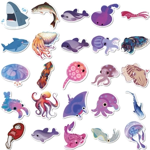 Pack of 25 colorful cartoon marine animal stickers featuring sharks and jellyfish