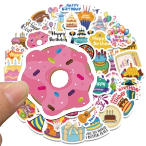 Cute cartoon birthday stickers featuring cakes and balloons for DIY crafts decoration