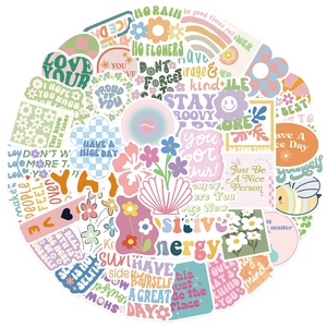 Detailed view of 50 vintage Danish style stickers with floral and rainbow designs