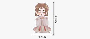 Detailed size chart showing a 7.38x4.51 cm traditional Chinese girl character sticker