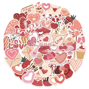 Flat lay cluster of 50 waterproof Valentine stickers with hearts, bears, and letters