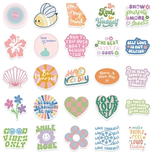 Set of 25 Danish style stickers with inspirational quotes and floral icons on white background