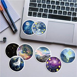8 pack round waterproof space stickers with moon phases and nebula on laptop lid