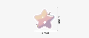 Detailed size specifications for a star-shaped purple alien planet sticker decal