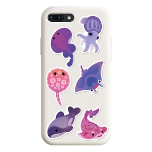 White phone case featuring cute hand-drawn cartoon ocean creatures like rays and sharks