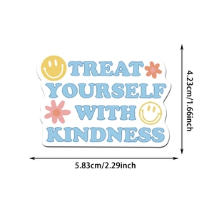 Detailed size chart showing dimensions of the inspirational flower sticker with a smiley face