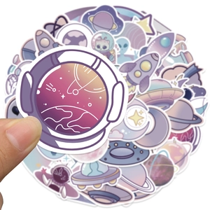 Pack of 50 purple space stickers featuring astronauts and rockets for laptops and skateboards
