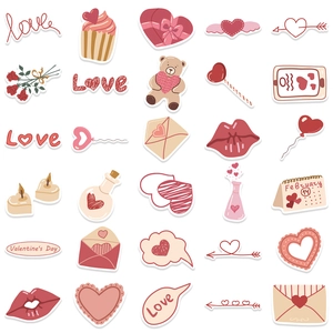 58pcs Valentine's Day stickers with hearts, cupcakes, and bears for laptop and water bottles